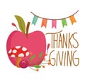 Happy thanksgiving day, apple mushroom berry pennants decoration card Royalty Free Stock Photo
