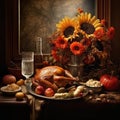 Happy Thanksgiving Day! Autumn feast. Family sitting at the table and celebrating holiday. Traditional dinner