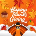 Happy Thanksgiving day background vector with decorative leaves, pumpkins, and acorns. Happy Thanksgiving holiday vector