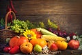 Happy Thanksgiving Day background, wooden table decorated with Pumpkins, Maize, fruits and autumn leaves.