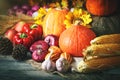 Happy Thanksgiving Day background, wooden table decorated with Pumpkins, Maize, fruits and autumn leaves. Harvest Royalty Free Stock Photo