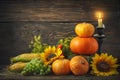 Happy Thanksgiving Day background, wooden table, decorated with vegetables, fruits and autumn leaves. Autumn background.