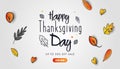 Happy Thanksgiving Day banner design with fall leaves on grey background