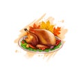 Happy thanksgiving day banner illustration with cooked turkey on plate, autumn colorful leaves, pepper and decorated with red