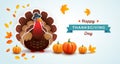 Happy Thanksgiving Day banner with Thanksgiving turkey, pumpkins, autumn leaves - blue background vector