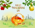 Happy Thanksgiving day Card beautiful autumn landscape on sunny background lettering fall branches apple tree with red apples an