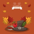 Happy thanksgiving day card with pilgrim hat and food Royalty Free Stock Photo