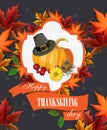 Happy Thanksgiving Day card with pumpkins and pilgrims hat