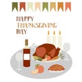 Happy Thanksgiving Day Card. Happy Thanks giving celebration background. November 23. Cartoon Vector Flat Illustration for Poster Royalty Free Stock Photo