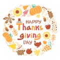 Happy Thanksgiving day card. Vector Beautiful handwritten Illustration Autumn round frame with text Royalty Free Stock Photo