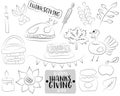 Happy Thanksgiving day cartoon icons and objects set. Black and white outline coloring page. Hand drawn kids game Royalty Free Stock Photo