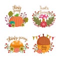 Happy thanksgiving day, collection lettering mushroom pumpkin acorn flowers decoration Royalty Free Stock Photo