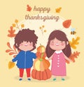 Happy thanksgiving day cute boy and girl with pile pumpkins leaves Royalty Free Stock Photo