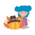 Happy thanksgiving day cute girl pumpkin with hat and fall foliage