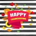 Happy thanksgiving day flat style design poster vector illustration with big ribbon, text, autumn leaves, sunflower, corn and pump