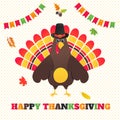 Happy thanksgiving day flat style design poster vector illustration with turkey, text, autumn leaves Royalty Free Stock Photo