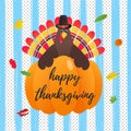 Happy thanksgiving day flat style design poster vector illustration with turkey, text, autumn leaves and pumpkin Royalty Free Stock Photo