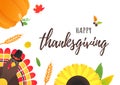 Happy thanksgiving day flat style design poster vector illustration with turkey, text, autumn leaves, sunflower, corn and pumpkin Royalty Free Stock Photo