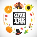 Happy thanksgiving day flat style design poster vector illustration with turkey, text, autumn leaves, sunflower, corn and pumpkin