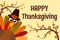 Happy Thanksgiving Day. Funny cartoon character turkey bird in pilgrim hat background wallpaper card. Vector illustration Royalty Free Stock Photo