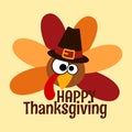 Happy Thanksgiving Day. Funny cartoon character turkey bird in pilgrim hat background wallpaper card. Vector illustration Royalty Free Stock Photo