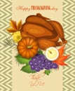 Happy Thanksgiving Day greeting card with pumpkins, grapes, candle and turkey Royalty Free Stock Photo