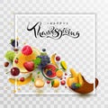 Happy Thanksgiving Day handwritten calligraphy text greeting card. Cornucopia harvest frame Royalty Free Stock Photo