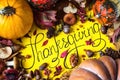 Happy Thanksgiving Day holiday background postcard concept cornucopia full harvest fruit vegetable Hand drawn greeting card autumn