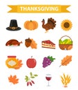 Happy Thanksgiving Day icon set, flat, cartoon style. Harvest festival collection design elements with turkey, pumpkin Royalty Free Stock Photo