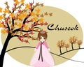 Happy Thanksgiving Day in Korea. Traditional Hanbok children characters greet. Rich harvest and Happy Chuseok, Hangawi, Korean