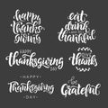 Happy Thanksgiving Day vector lettering set. Handwritten greeting card template for Thanksgiving day. Isolated typography print.