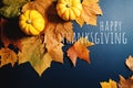 Happy Thanksgiving Day with maple leaves and pumpkin on blue background