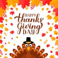 Happy Thanksgiving Day modern calligraphy brush lettering with cute cartoon turkey and colorful fall leaves. Easy to edit vector Royalty Free Stock Photo