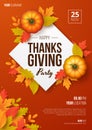 Happy thanksgiving day party poster template with autumn leaves and pumpkins. Vector illustration