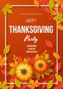 Happy thanksgiving day party poster template with autumn leaves and pumpkins. Vector illustration