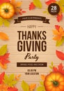 Happy thanksgiving day party poster template with autumn leaves, pumpkins and wooden background