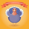 Happy Thanksgiving Day postcard. Turkey character and red band. Autumn background.