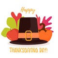 Happy Thanksgiving day Poster. Autumn leaves, apple and pumpkin behind hat. Royalty Free Stock Photo