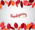 Happy Thanksgiving Day poster. Background with red and orange fall leaves. American traditional november holiday.