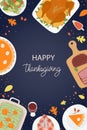 Happy Thanksgiving Day poster with cute Thanksgivings symbol. Dinner top view