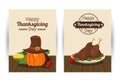 Happy thanksgiving day poster with turkey food and pumpkin using pilgrim hat Royalty Free Stock Photo