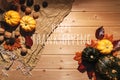 Happy Thanksgiving Day with pumpkin and nut on wooden background Royalty Free Stock Photo
