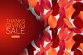 Happy Thanksgiving Day sale poster.  Background with red and orange fall leaves. American traditional november holiday. Banner for Royalty Free Stock Photo