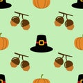 Happy Thanksgiving Day seamless pattern on greenbackground with acorn, hat, pumpkin. holiday food celebration autumn