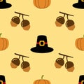 Happy Thanksgiving Day seamless pattern on orange background with acorn, hat, pumpkin. holiday food celebration autumn