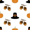 Happy Thanksgiving Day seamless pattern on white background with acorn, hat, pumpkin. holiday food celebration autumn