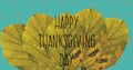 Happy thanksgiving day text on autumn leaves against pumpkin icons in seamless on yellow background