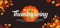 Happy thanksgiving day text on pumpkin fruit background and fall dry leaves vector illustration banner template Royalty Free Stock Photo