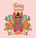 Happy thanksgiving day, turkey flowers fruit leaves foliage card