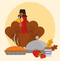 Happy thanksgiving day, turkey with hat cake fruits and leaves